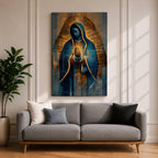 A detailed stained glass style depiction of Our Lady of Guadalupe with hands clasped in prayer, surrounded by radiant golden light and geometric patterns, framed in gold, blending traditional religious iconography with modern digital mosaic effects.