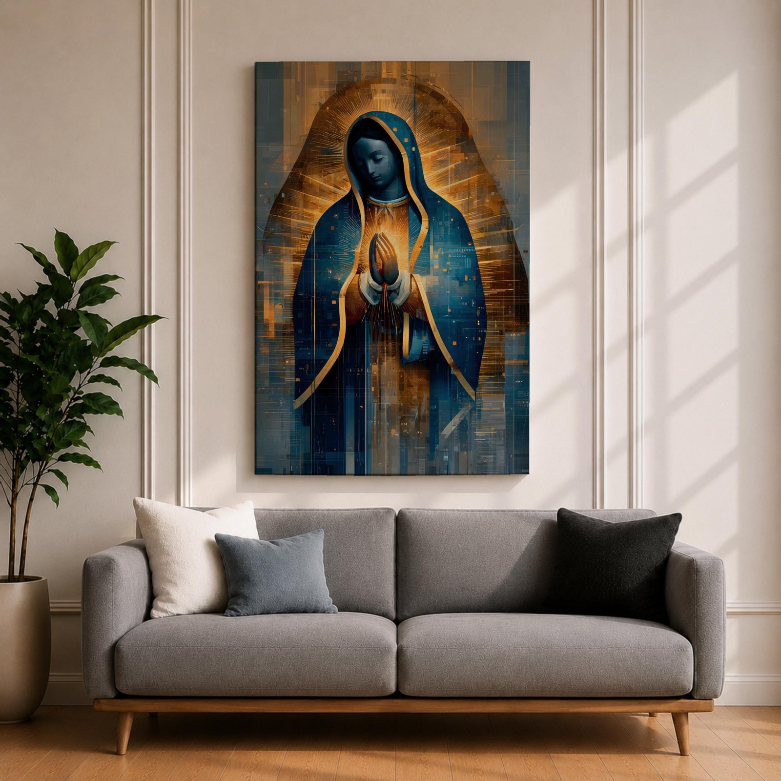 A detailed stained glass style depiction of Our Lady of Guadalupe with hands clasped in prayer, surrounded by radiant golden light and geometric patterns, framed in gold, blending traditional religious iconography with modern digital mosaic effects.