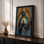 A detailed stained glass style depiction of Our Lady of Guadalupe with hands clasped in prayer, surrounded by radiant golden light and geometric patterns, framed in gold, blending traditional religious iconography with modern digital mosaic effects.