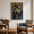 A detailed stained glass style depiction of Our Lady of Guadalupe with hands clasped in prayer, surrounded by radiant golden light and geometric patterns, framed in gold, blending traditional religious iconography with modern digital mosaic effects.