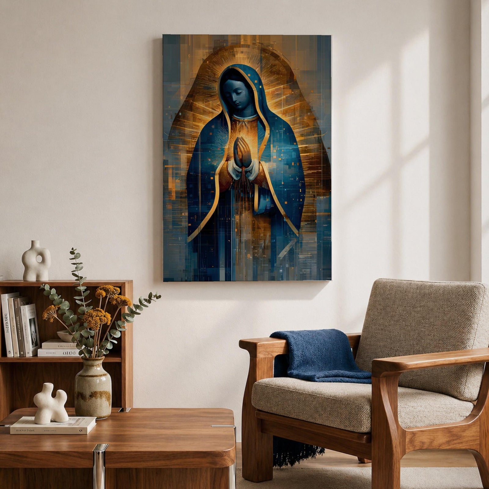 A detailed stained glass style depiction of Our Lady of Guadalupe with hands clasped in prayer, surrounded by radiant golden light and geometric patterns, framed in gold, blending traditional religious iconography with modern digital mosaic effects.