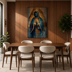 A detailed stained glass style depiction of Our Lady of Guadalupe with hands clasped in prayer, surrounded by radiant golden light and geometric patterns, framed in gold, blending traditional religious iconography with modern digital mosaic effects.