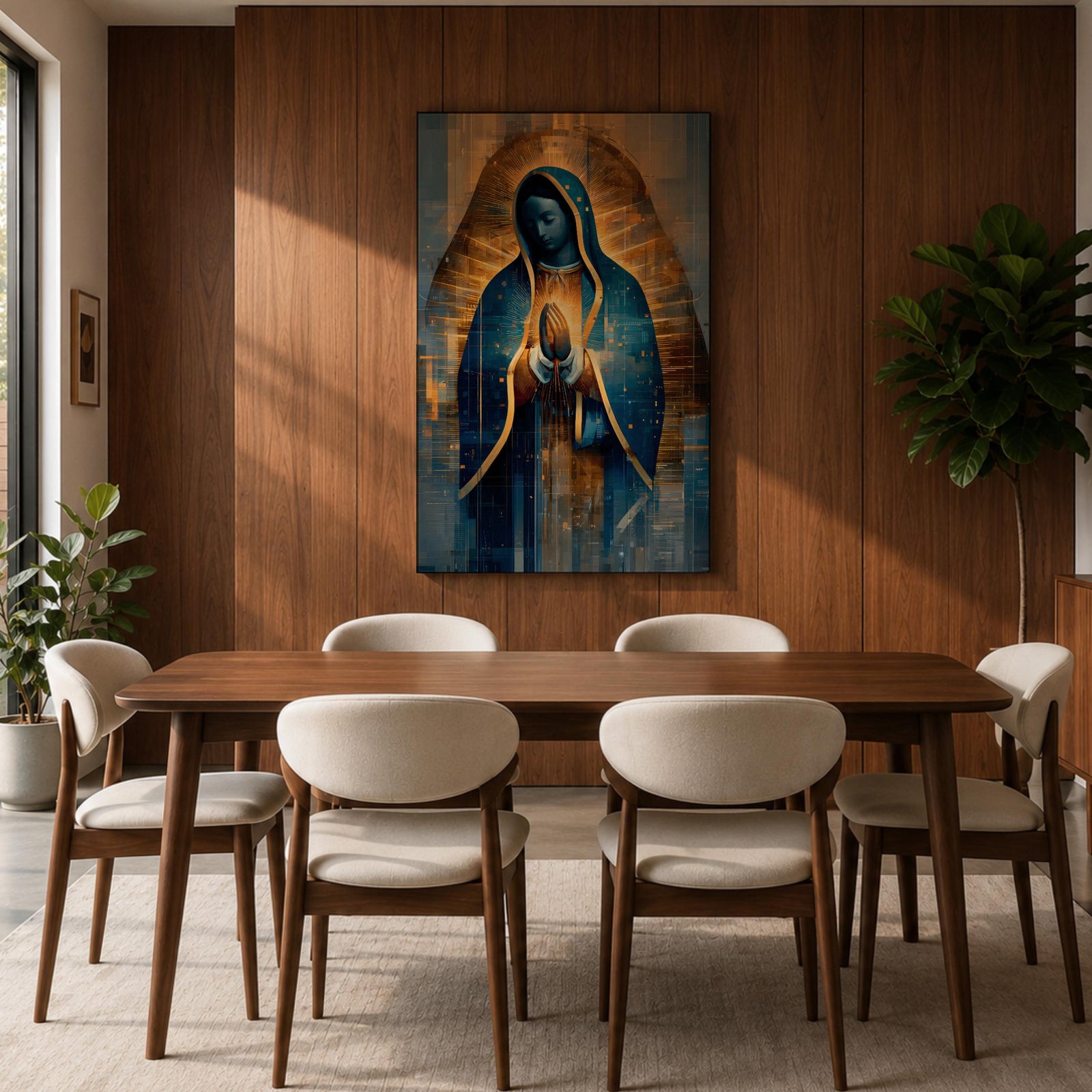 A detailed stained glass style depiction of Our Lady of Guadalupe with hands clasped in prayer, surrounded by radiant golden light and geometric patterns, framed in gold, blending traditional religious iconography with modern digital mosaic effects.
