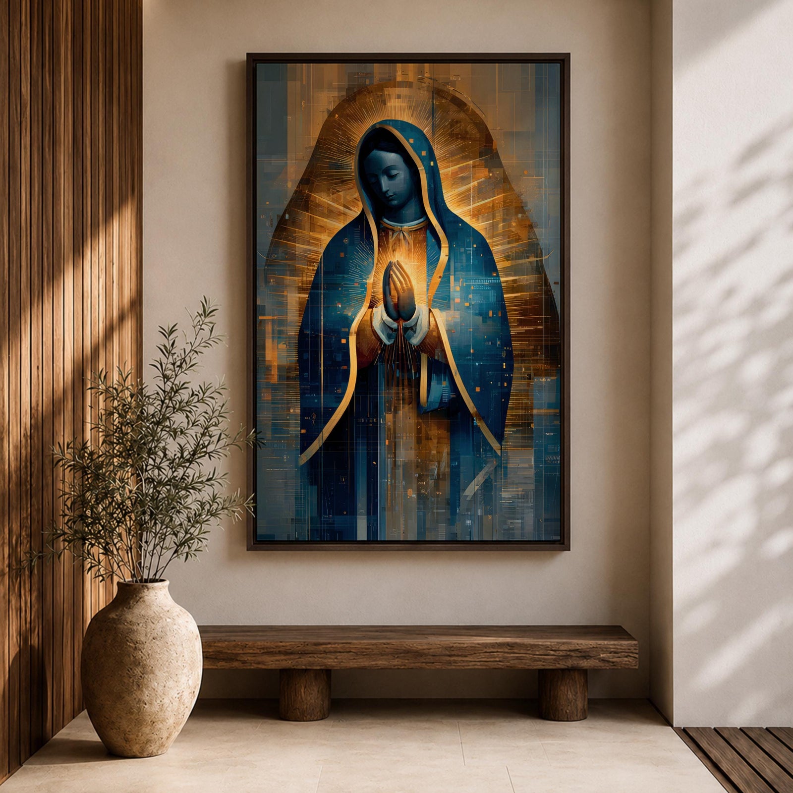 A detailed stained glass style depiction of Our Lady of Guadalupe with hands clasped in prayer, surrounded by radiant golden light and geometric patterns, framed in gold, blending traditional religious iconography with modern digital mosaic effects.