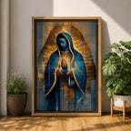A detailed stained glass style depiction of Our Lady of Guadalupe with hands clasped in prayer, surrounded by radiant golden light and geometric patterns, framed in gold, blending traditional religious iconography with modern digital mosaic effects.