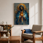 A mosaic-style depiction of Our Lady of Guadalupe features a serene woman with closed eyes, hands clasped in prayer, cloaked in a blue mantle with golden rays radiating behind her, rendered in geometric and stained glass-inspired patterns.