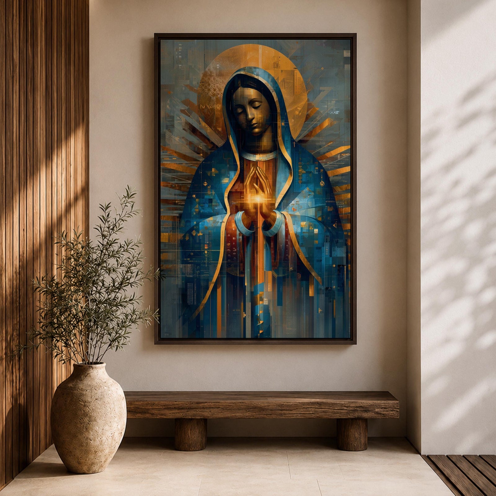 A mosaic-style depiction of Our Lady of Guadalupe features a serene woman with closed eyes, hands clasped in prayer, cloaked in a blue mantle with golden rays radiating behind her, rendered in geometric and stained glass-inspired patterns.