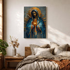 A mosaic-style depiction of Our Lady of Guadalupe features a serene woman with closed eyes, hands clasped in prayer, cloaked in a blue mantle with golden rays radiating behind her, rendered in geometric and stained glass-inspired patterns.