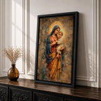 A vintage-style religious painting depicting Our Lady of Perpetual Help holding the Christ Child, both with glowing halos. The artwork features textured, aged effects reminiscent of Byzantine iconography with warm tones and detailed drapery, capturing a classic devotional Christian image.