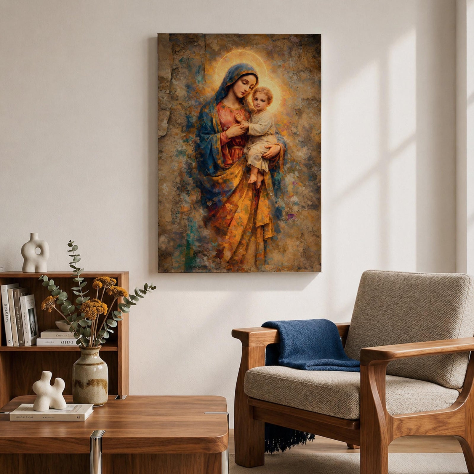 A vintage-style religious painting depicting Our Lady of Perpetual Help holding the Christ Child, both with glowing halos. The artwork features textured, aged effects reminiscent of Byzantine iconography with warm tones and detailed drapery, capturing a classic devotional Christian image.