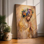 A detailed painting of Our Lady of Guadalupe showing a woman with hands clasped in prayer, wearing a veil adorned with golden accents and a colorful floral crown, rendered in a soft, realistic style with warm tones and intricate textures.