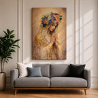 A detailed painting of Our Lady of Guadalupe showing a woman with hands clasped in prayer, wearing a veil adorned with golden accents and a colorful floral crown, rendered in a soft, realistic style with warm tones and intricate textures.