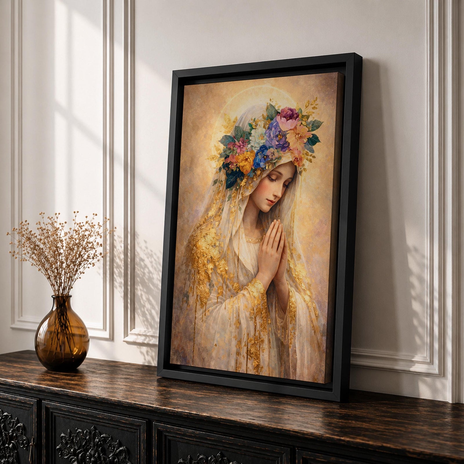 A detailed painting of Our Lady of Guadalupe showing a woman with hands clasped in prayer, wearing a veil adorned with golden accents and a colorful floral crown, rendered in a soft, realistic style with warm tones and intricate textures.