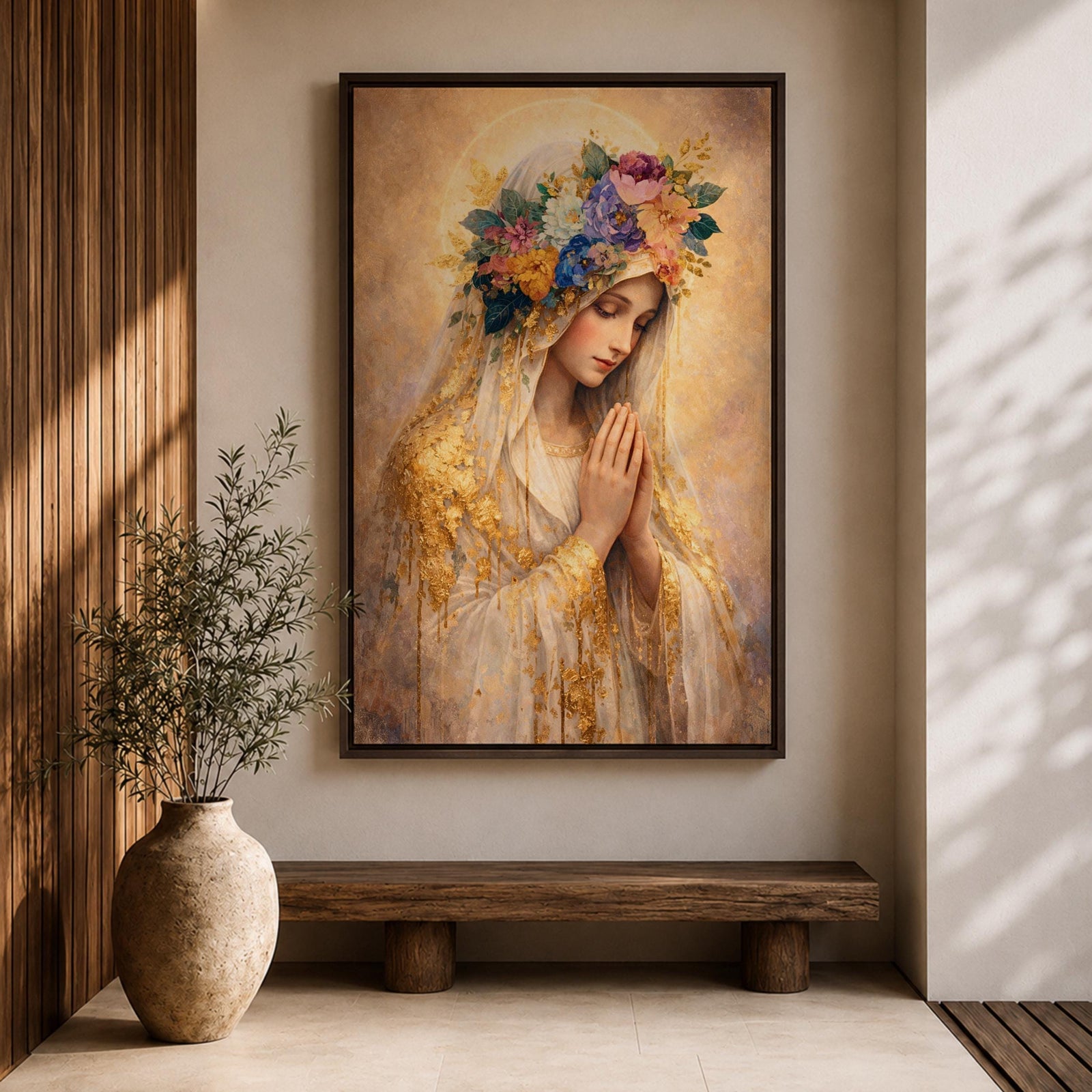 A detailed painting of Our Lady of Guadalupe showing a woman with hands clasped in prayer, wearing a veil adorned with golden accents and a colorful floral crown, rendered in a soft, realistic style with warm tones and intricate textures.
