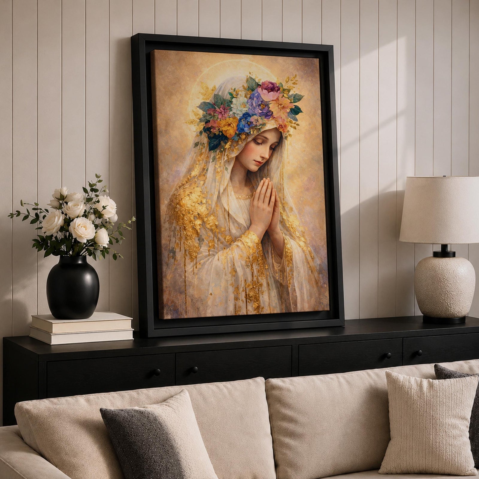 A detailed painting of Our Lady of Guadalupe showing a woman with hands clasped in prayer, wearing a veil adorned with golden accents and a colorful floral crown, rendered in a soft, realistic style with warm tones and intricate textures.