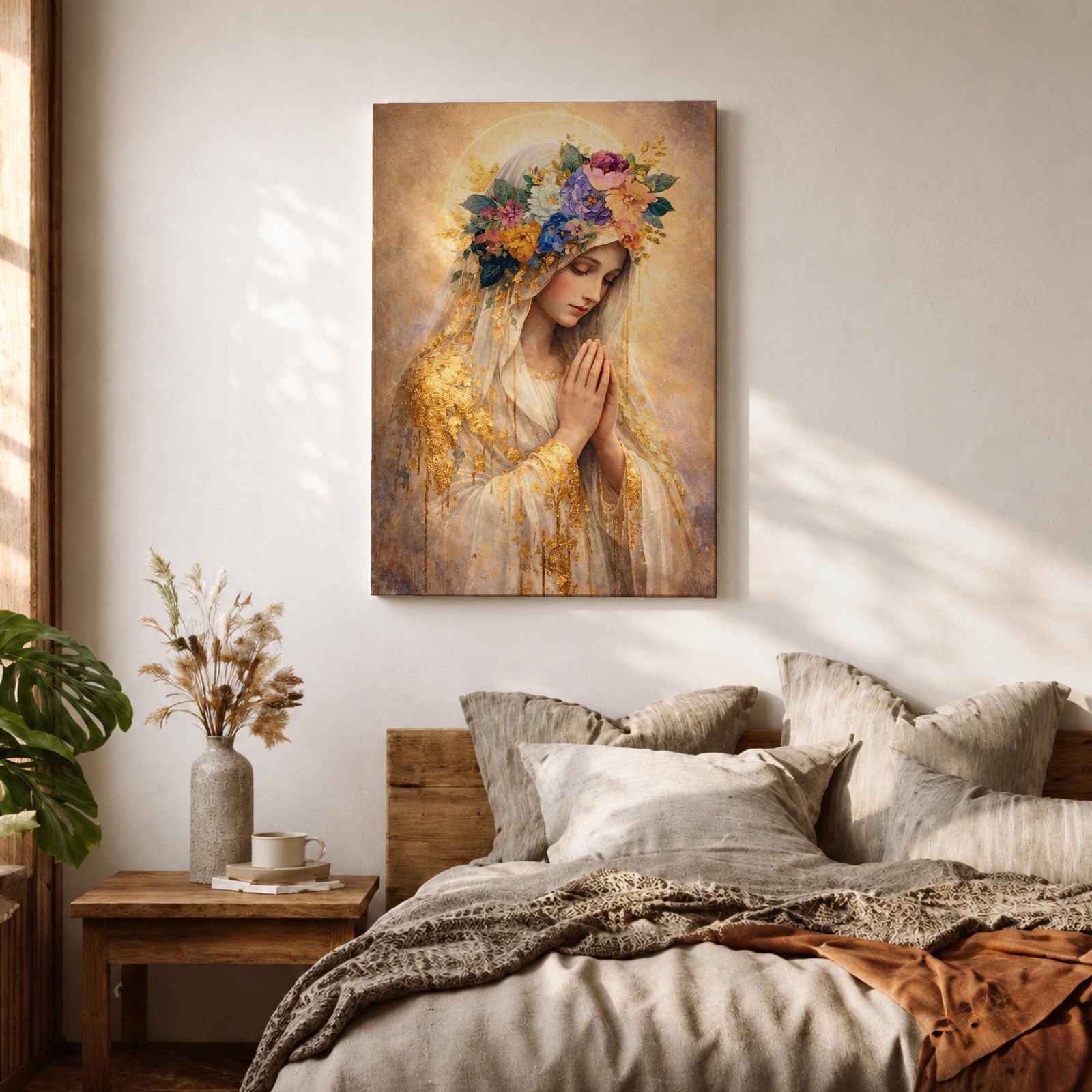 A detailed painting of Our Lady of Guadalupe showing a woman with hands clasped in prayer, wearing a veil adorned with golden accents and a colorful floral crown, rendered in a soft, realistic style with warm tones and intricate textures.