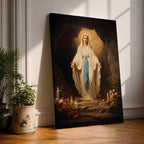 A detailed painting of Our Lady of Lourdes standing at the entrance of a grotto with open arms, dressed in white robes with a blue sash, surrounded by candles and flowers, representing the Marian apparition at Lourdes in a traditional religious style.
