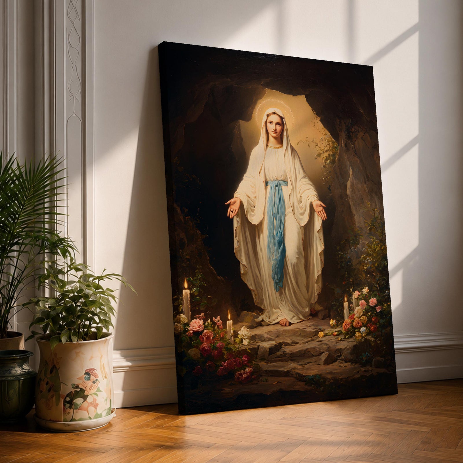 A detailed painting of Our Lady of Lourdes standing at the entrance of a grotto with open arms, dressed in white robes with a blue sash, surrounded by candles and flowers, representing the Marian apparition at Lourdes in a traditional religious style.