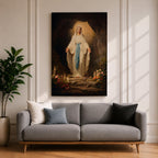 A detailed painting of Our Lady of Lourdes standing at the entrance of a grotto with open arms, dressed in white robes with a blue sash, surrounded by candles and flowers, representing the Marian apparition at Lourdes in a traditional religious style.