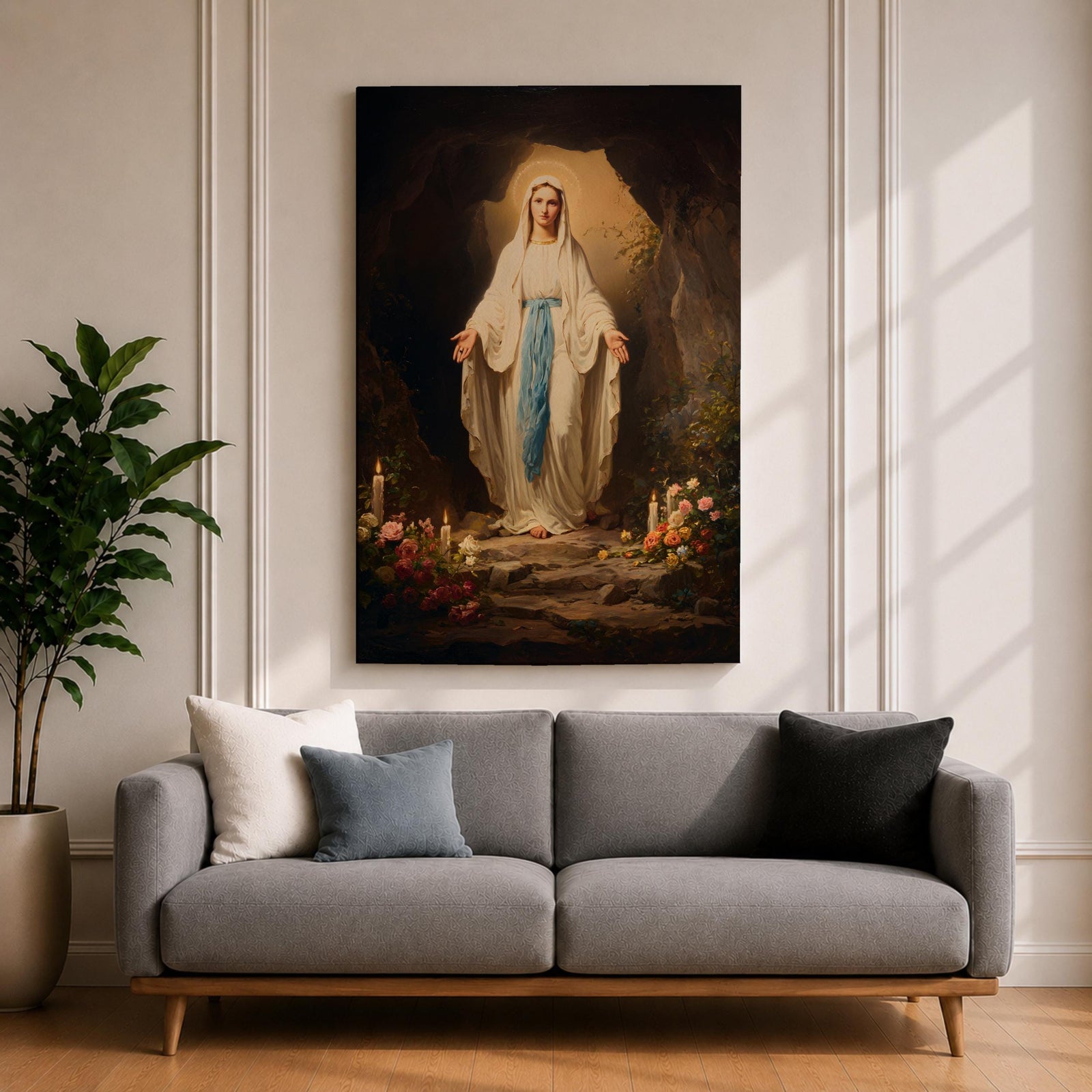 A detailed painting of Our Lady of Lourdes standing at the entrance of a grotto with open arms, dressed in white robes with a blue sash, surrounded by candles and flowers, representing the Marian apparition at Lourdes in a traditional religious style.