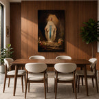 A detailed painting of Our Lady of Lourdes standing at the entrance of a grotto with open arms, dressed in white robes with a blue sash, surrounded by candles and flowers, representing the Marian apparition at Lourdes in a traditional religious style.