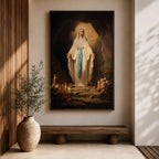 A detailed painting of Our Lady of Lourdes standing at the entrance of a grotto with open arms, dressed in white robes with a blue sash, surrounded by candles and flowers, representing the Marian apparition at Lourdes in a traditional religious style.