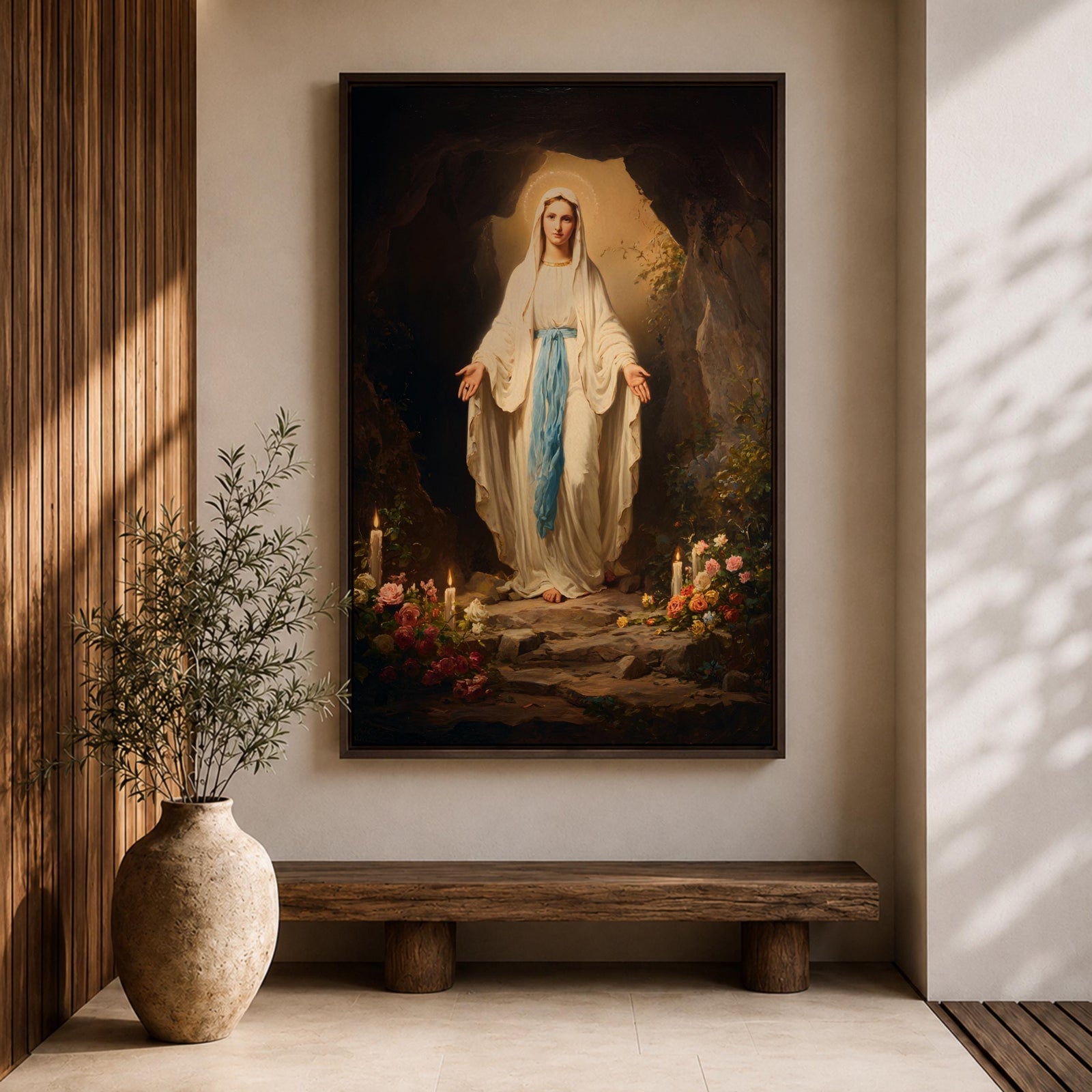 A detailed painting of Our Lady of Lourdes standing at the entrance of a grotto with open arms, dressed in white robes with a blue sash, surrounded by candles and flowers, representing the Marian apparition at Lourdes in a traditional religious style.