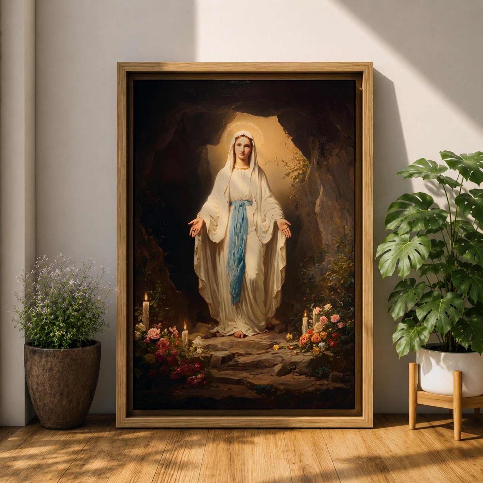 A detailed painting of Our Lady of Lourdes standing at the entrance of a grotto with open arms, dressed in white robes with a blue sash, surrounded by candles and flowers, representing the Marian apparition at Lourdes in a traditional religious style.