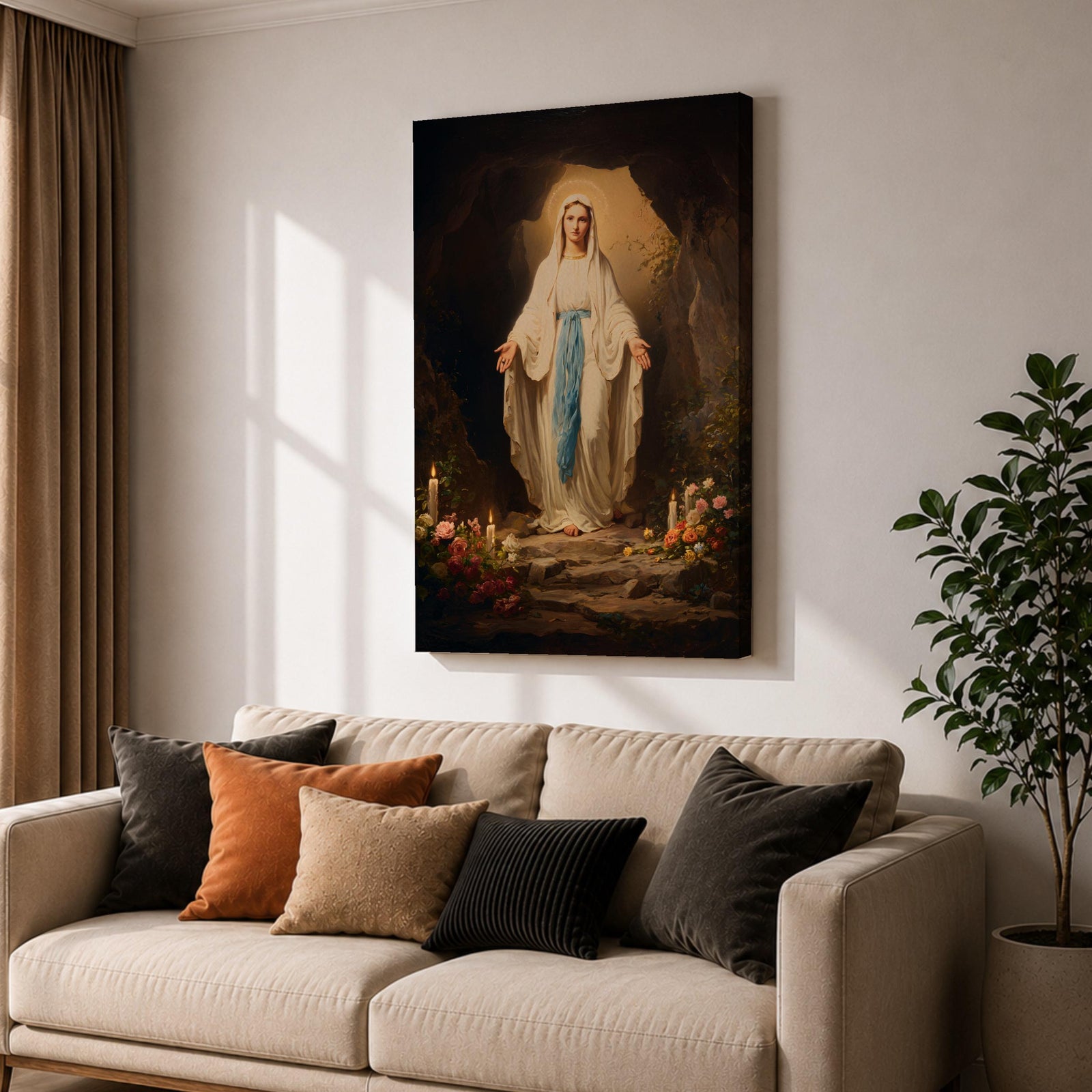 A detailed painting of Our Lady of Lourdes standing at the entrance of a grotto with open arms, dressed in white robes with a blue sash, surrounded by candles and flowers, representing the Marian apparition at Lourdes in a traditional religious style.