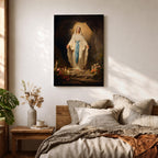 A detailed painting of Our Lady of Lourdes standing at the entrance of a grotto with open arms, dressed in white robes with a blue sash, surrounded by candles and flowers, representing the Marian apparition at Lourdes in a traditional religious style.