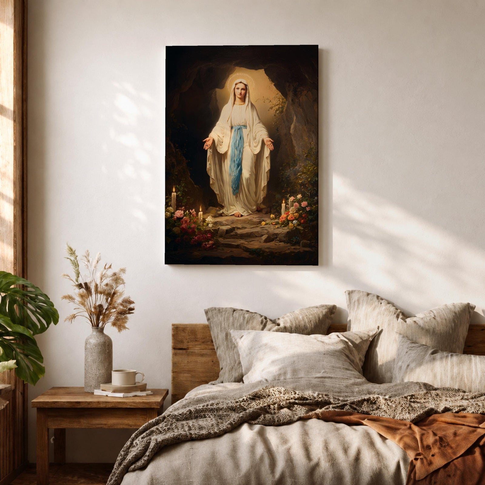A detailed painting of Our Lady of Lourdes standing at the entrance of a grotto with open arms, dressed in white robes with a blue sash, surrounded by candles and flowers, representing the Marian apparition at Lourdes in a traditional religious style.