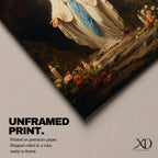 A detailed painting of Our Lady of Lourdes standing at the entrance of a grotto with open arms, dressed in white robes with a blue sash, surrounded by candles and flowers, representing the Marian apparition at Lourdes in a traditional religious style.