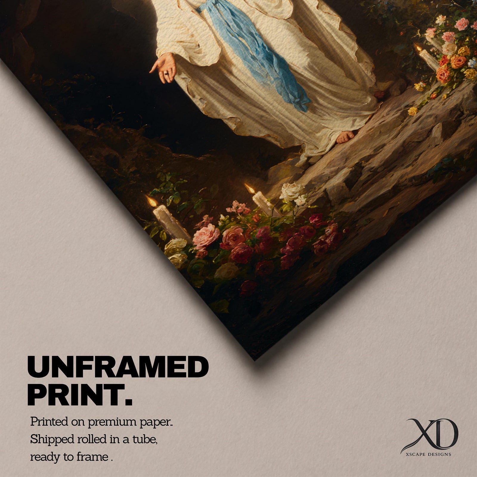 A detailed painting of Our Lady of Lourdes standing at the entrance of a grotto with open arms, dressed in white robes with a blue sash, surrounded by candles and flowers, representing the Marian apparition at Lourdes in a traditional religious style.