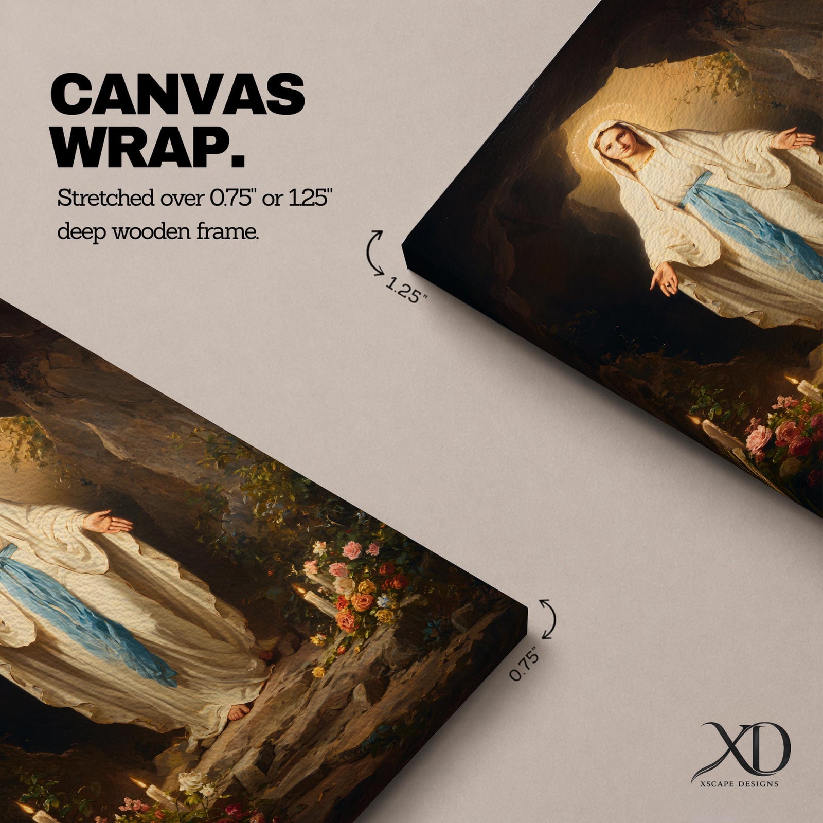 A detailed painting of Our Lady of Lourdes standing at the entrance of a grotto with open arms, dressed in white robes with a blue sash, surrounded by candles and flowers, representing the Marian apparition at Lourdes in a traditional religious style.
