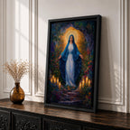 A framed canvas painting of Our Lady of Lourdes depicts the Virgin Mary standing with open arms surrounded by glowing candles and vibrant flowers, rendered in a richly detailed, realistic style with a luminous halo behind her head, evoking a serene and reverent atmosphere.
