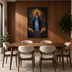 A framed canvas painting of Our Lady of Lourdes depicts the Virgin Mary standing with open arms surrounded by glowing candles and vibrant flowers, rendered in a richly detailed, realistic style with a luminous halo behind her head, evoking a serene and reverent atmosphere.