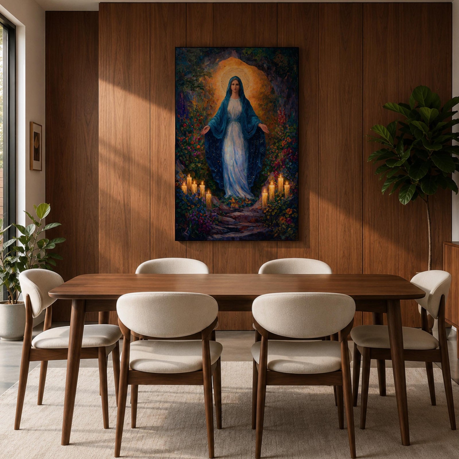 A framed canvas painting of Our Lady of Lourdes depicts the Virgin Mary standing with open arms surrounded by glowing candles and vibrant flowers, rendered in a richly detailed, realistic style with a luminous halo behind her head, evoking a serene and reverent atmosphere.