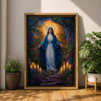 A framed canvas painting of Our Lady of Lourdes depicts the Virgin Mary standing with open arms surrounded by glowing candles and vibrant flowers, rendered in a richly detailed, realistic style with a luminous halo behind her head, evoking a serene and reverent atmosphere.