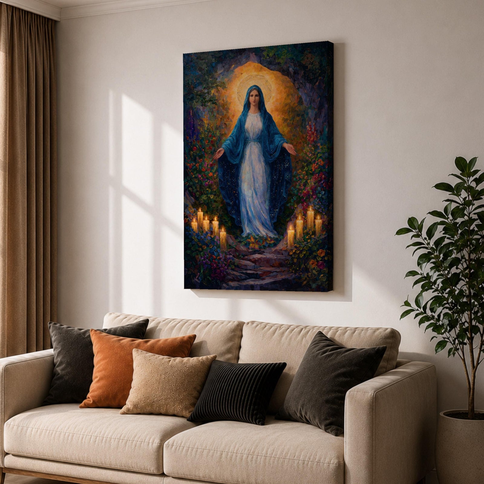 A framed canvas painting of Our Lady of Lourdes depicts the Virgin Mary standing with open arms surrounded by glowing candles and vibrant flowers, rendered in a richly detailed, realistic style with a luminous halo behind her head, evoking a serene and reverent atmosphere.