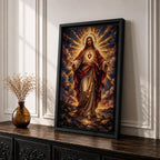 This artwork depicts the Sacred Heart of Jesus rendered in a detailed mosaic style. Jesus is shown with outstretched arms, radiant light emanating from his heart, surrounded by clouds and a glowing halo. The composition uses vibrant mosaic tiles to create a textured, luminous religious image.