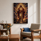 This artwork depicts the Sacred Heart of Jesus rendered in a detailed mosaic style. Jesus is shown with outstretched arms, radiant light emanating from his heart, surrounded by clouds and a glowing halo. The composition uses vibrant mosaic tiles to create a textured, luminous religious image.