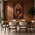 This artwork depicts the Sacred Heart of Jesus rendered in a detailed mosaic style. Jesus is shown with outstretched arms, radiant light emanating from his heart, surrounded by clouds and a glowing halo. The composition uses vibrant mosaic tiles to create a textured, luminous religious image.