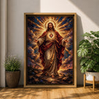 This artwork depicts the Sacred Heart of Jesus rendered in a detailed mosaic style. Jesus is shown with outstretched arms, radiant light emanating from his heart, surrounded by clouds and a glowing halo. The composition uses vibrant mosaic tiles to create a textured, luminous religious image.