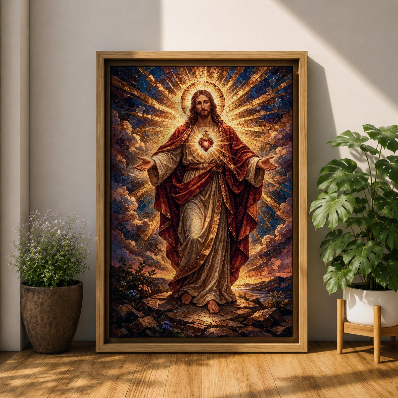 This artwork depicts the Sacred Heart of Jesus rendered in a detailed mosaic style. Jesus is shown with outstretched arms, radiant light emanating from his heart, surrounded by clouds and a glowing halo. The composition uses vibrant mosaic tiles to create a textured, luminous religious image.
