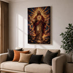 This artwork depicts the Sacred Heart of Jesus rendered in a detailed mosaic style. Jesus is shown with outstretched arms, radiant light emanating from his heart, surrounded by clouds and a glowing halo. The composition uses vibrant mosaic tiles to create a textured, luminous religious image.