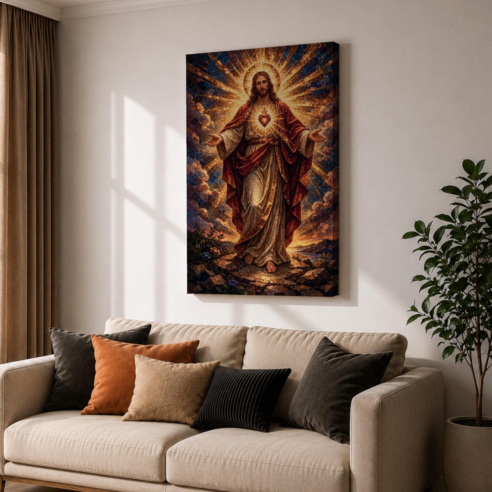 This artwork depicts the Sacred Heart of Jesus rendered in a detailed mosaic style. Jesus is shown with outstretched arms, radiant light emanating from his heart, surrounded by clouds and a glowing halo. The composition uses vibrant mosaic tiles to create a textured, luminous religious image.