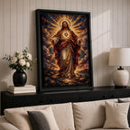 This artwork depicts the Sacred Heart of Jesus rendered in a detailed mosaic style. Jesus is shown with outstretched arms, radiant light emanating from his heart, surrounded by clouds and a glowing halo. The composition uses vibrant mosaic tiles to create a textured, luminous religious image.