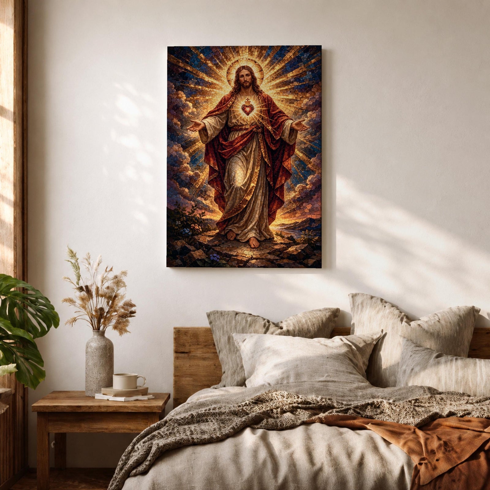 This artwork depicts the Sacred Heart of Jesus rendered in a detailed mosaic style. Jesus is shown with outstretched arms, radiant light emanating from his heart, surrounded by clouds and a glowing halo. The composition uses vibrant mosaic tiles to create a textured, luminous religious image.