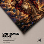 This artwork depicts the Sacred Heart of Jesus rendered in a detailed mosaic style. Jesus is shown with outstretched arms, radiant light emanating from his heart, surrounded by clouds and a glowing halo. The composition uses vibrant mosaic tiles to create a textured, luminous religious image.