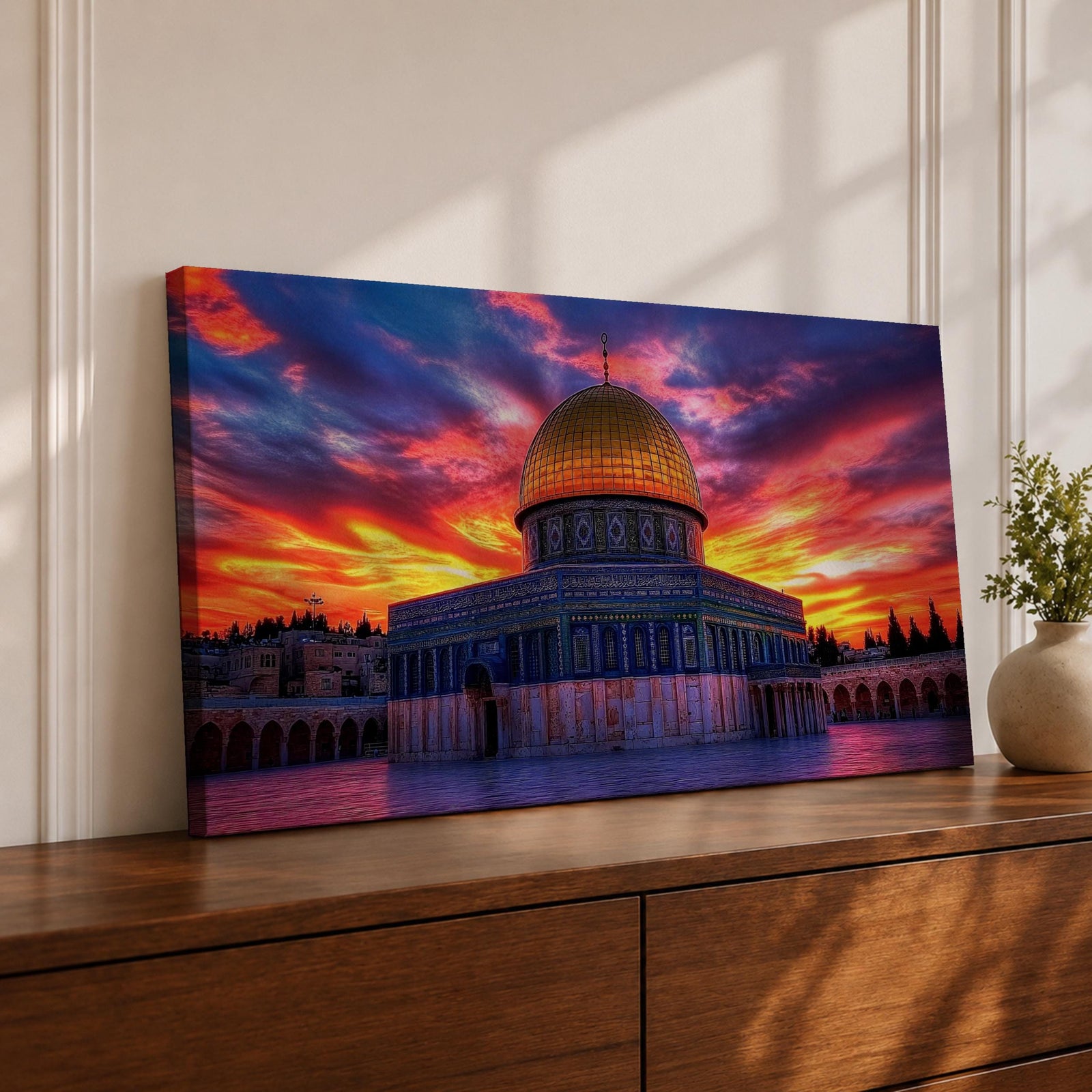 A panoramic painting of Masjid Al Aqsa in Jerusalem at sunset, featuring the iconic golden Dome of the Rock and surrounding historic structures bathed in warm evening light, with layered city architecture and soft sky tones rendered in expressive textured brushstrokes that highlight depth, atmosphere, and sacred architectural detail